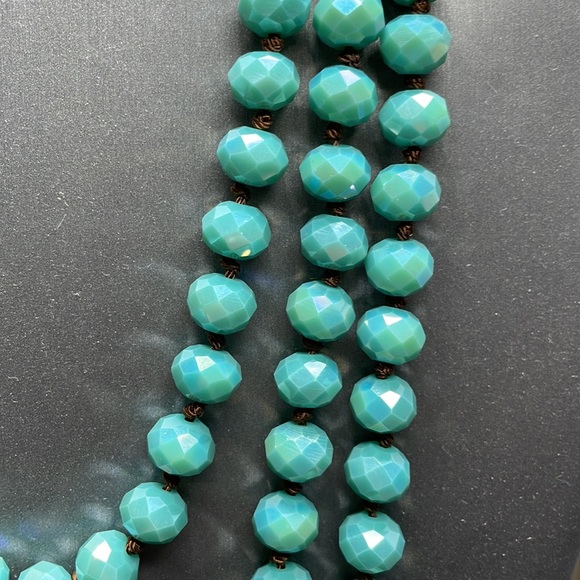 60" Gorgeous Teal Turquoise Blue Hand Knotted Glass Faceted Flapper Beads Vntg - Picture 5 of 10